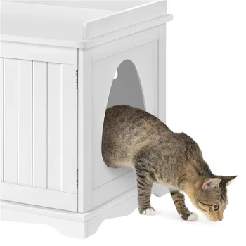 Бяла дървена кутия за котешки тоалетни, мебели с като, стоки за домашни любимци, котки, котки къща