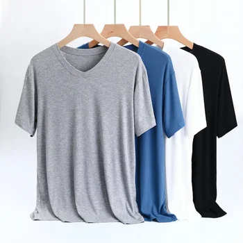 2023 Лятна Мъжка Тениска с къс ръкав, Модальная Тънка Однотонная Пижами Голям размер, Тениска С V-образно деколте, Мъжки Дрехи С дърворезба