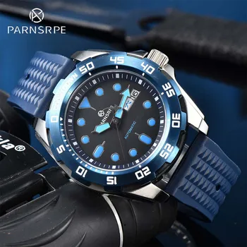 Луксозни мъжки механични часовници PARNSRPE, нова мода, корпус от сапфир стъкло от неръждаема стомана, механизъм NH36 с един въртящ се безелем