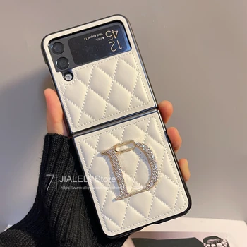 Луксозен Кожен калъф за мобилен телефон във формата на диамант за Samsung Galaxy Z Flip 4 С кристали D Z Flip 3 Cover