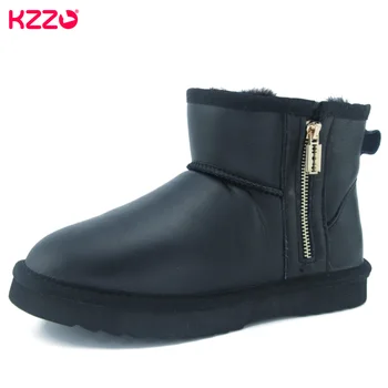 KZZO Australia Класически непромокаеми зимни обувки от естествена агнешка кожа с цип, мъжки зимни топли обувки на щиколотке с подплата от естествена вълна