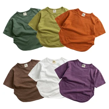 Летни дрехи 2024 г., памучен тениска от бамбук за момичета и момчета, Безплатни ежедневни блузи с къс ръкав ярки цветове за деца