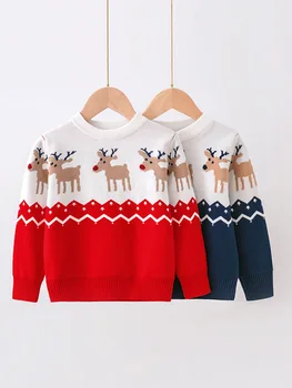 Детски Коледен пуловер, Активен пуловер за момичета, Сладък Вязаный пуловер 2023 г., Новият Есенно-Зимния Пуловер с Шарките на Лоса за момчета
