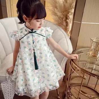 Детско парти за момичета, Лятото Ново детско Qipao Модно рокля в ретро стил Tang Бебешка рокля с къс ръкав в цветенце