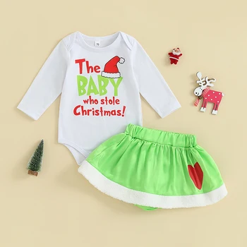 Коледно облекло за да има момичета, костюм за новородено момченце с дълъг ръкав, гащеризон, тениска, зелени поли чудовища, комплект дрехи