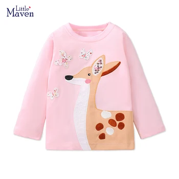 Little maven 2023, Детски дрехи, блузи за момичета, розова тениска с изображение на елен от анимационни памук за момчета 2-7 години