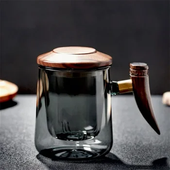 Чаени чаши за разделяне на вода и Модерен Лесен Вкусен С Дървена дръжка от рог на носорог Стъклена чаша за Офис чаена чаша за разделяне на чай с цветя