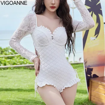 VigoAnne Секси бански костюм с дълъг ръкав Дамски 2024 Verge повдигащ Кухи едно Парче бански Корейски Частен Плажен бански Монокини