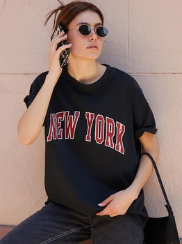 Тънка тениска с писмото принтом в Ню Йорк, жените лятна градинска дрехи, свободни Памучни тениски с къс ръкав, дамски блузи улицата дрехи в стил ретро 2023