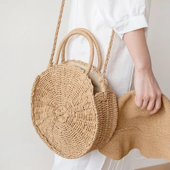 Дамска чанта Тенденция 2023, кръгли чанти от ратан, ракита чанта през рамо, ръчно изработени чанти, летни плажни сламени чанти, портмонета