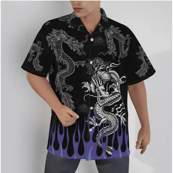 Мъжки ежедневни черна пола със стръмен принтом дракон, Плажна лятна градинска дрехи с къс ръкав, блузи в стил мозайка копчета, ризи 3D