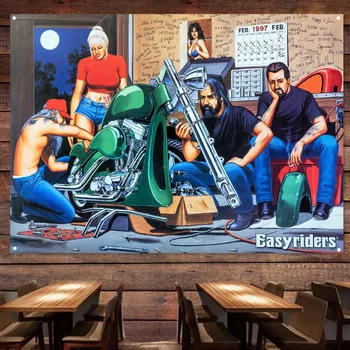 Easyriders, Ремонт на мотоциклети, Боядисване за гараж, Ретро банер, монтиран на стената флаг, бензиностанция, Пещера човека, Авто плакат, Стикери за дома