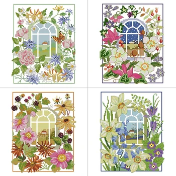 Гледката от прозореца на Four Seasons, Определени за кръстат бод с цветя модел, 14 карата, 16 карата, 11 ct, Бяла кърпа, принт, шиене, Бродерия, Домашен декор