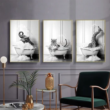 Черно-бял комплект от 3 изображения на животни Тигър, играе във водата Жираф, Слон, получаващи вана Начало декор Хол