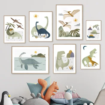 Cartoony динозавър тиранозавър рекс Трисератопс, стенни щампи в скандинавски стил, платно, маслени картини, плакати с животни, Снимки, интериор на стаята за момчета
