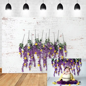 Лилаво с флорални декори от тухлена стена, фотография за момичета, Подпори за празнична торта, украса за партита, портрет за възрастни, фон в градината