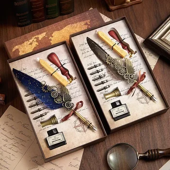Ретро Перьевая писалка Подарък кутия Мастило химикалки за писане Мъжки Луксозни и Висококачествени Елегантни Трайни моливи за рисуване Канцеларски материали