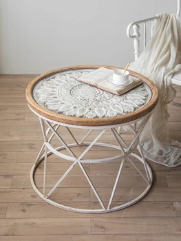Ъгъл на изкуството от желязо, чай масичка с резбовани цветя от масивна дървесина, спалня в стил ретро, Малка кръгла маса