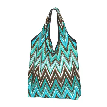 Модерни геометрични чанти за пазаруване в синьо зигзагообразным модел, дамски чанти за преносими продукти с голям капацитет, абстрактни чанти за пазаруване в стила на зиг-заг в стил бохо