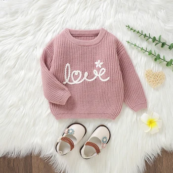 Зимна Вязаный пуловер за малки момиченца с дълъг ръкав, пуловер с буквенной цветна бродерия, плетива, есен облекло за деца от 6 до 3 години