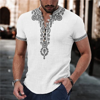 Свободно време Тениски с къс ръкав и V-образно деколте и копчета, мъжки Пролетно-летните модни блузи с принтом в стил мозайка, мъжки дрехи, ежедневни ризи