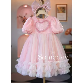 Лятна рокля на принцеса за момиченца, дрехи за рожден ден, детско сетчатое рокля с пищни ръкави, рокля за изказвания, газова пола