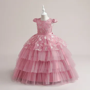 Детско принцеса рокля от чиста прежда, пищни рокля на цветчета, рокля без ръкави за пиано представяне, рокля за парти по случай рожден ден, рокля за торта