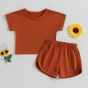 Шорти на новородено момче на 2 елемента комплекти летни дрехи с къс ръкав потник плътен цвят шорти комплекти дрехи за новородени