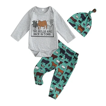 Комплект панталони за малки момчета, гащеризон с кръгло деколте и писмото принтом, панталони с краве принтом и шапчица за бебета