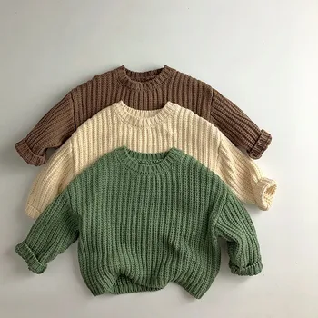 Детски пуловер, есен-зима, Нов пуловер свободна задължителни за малки момичета, всекидневни пуловер за момчета с дълъг ръкав, детски обикновен оребрен Топли върховете
