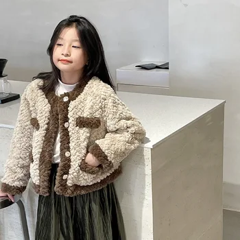 Палта за момичета, палто за момичета 2023, есен и зима, Нов Корейски стил, детска шнола от овча вълна, памук плюшено топ, зимни палта за момичета