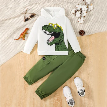 Детска hoody с динозавром за момчета, блузи с качулка с дълги ръкави, спортно облекло, панталони, Есенно-зимния комплект дрехи, 2 бр.