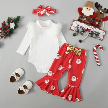 Коледни костюми за малките момичета, гащеризон с дълги ръкави и висока воротом в рубчик за новородени и изгорени панталони с принтом Дядо Коледа, превръзка на главата