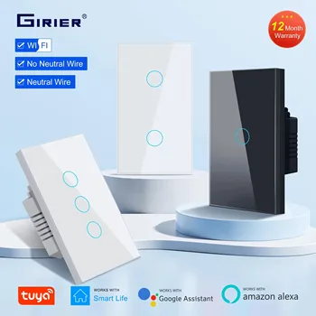 GIRIER Smart Wifi, Сензорен Прекъсвач Не се Изисква Неутрален проводник Интелигентен Дом 1/2/3 Gang Ключа за лампата 100-240 В Работи с Alexa и Google