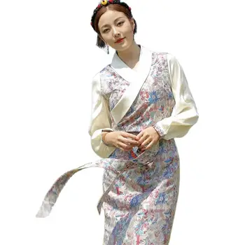 Елегантен халат за баня с бродерия в стил Чонсам, тибетски костюм, дамско национално рокля с цветен модел, дамски етническа дрехи с дълъг ръкав.