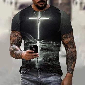 Християнската мъжко облекло, тениски Оверсайз, готически кръст на Исус Христос, 3D принт, върхове с кръгло деколте, ретро, хип-хоп с къс ръкав