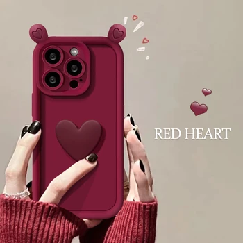 Модно Сладко Мультяшное Ухото 3D Love Heart За iPhone 15 14 13 12 11 Pro Max X XR XS Mini 7 8 Plus SE2 С Мек Силиконов Калъф