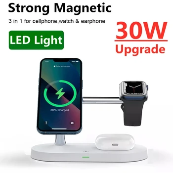Безжична магнитна Поставка За Зарядно Устройство 3 в 1 За iPhone 15 14 13 12 Pro magsafe Charger бързо зарядно устройство, Кабел за Apple Watch