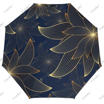 Ретро Сгъваем чадър с позлатени цветя модел, автоматично разкриваща и плик Пътен Чадър, Компактни леки Ветроупорен чадъри